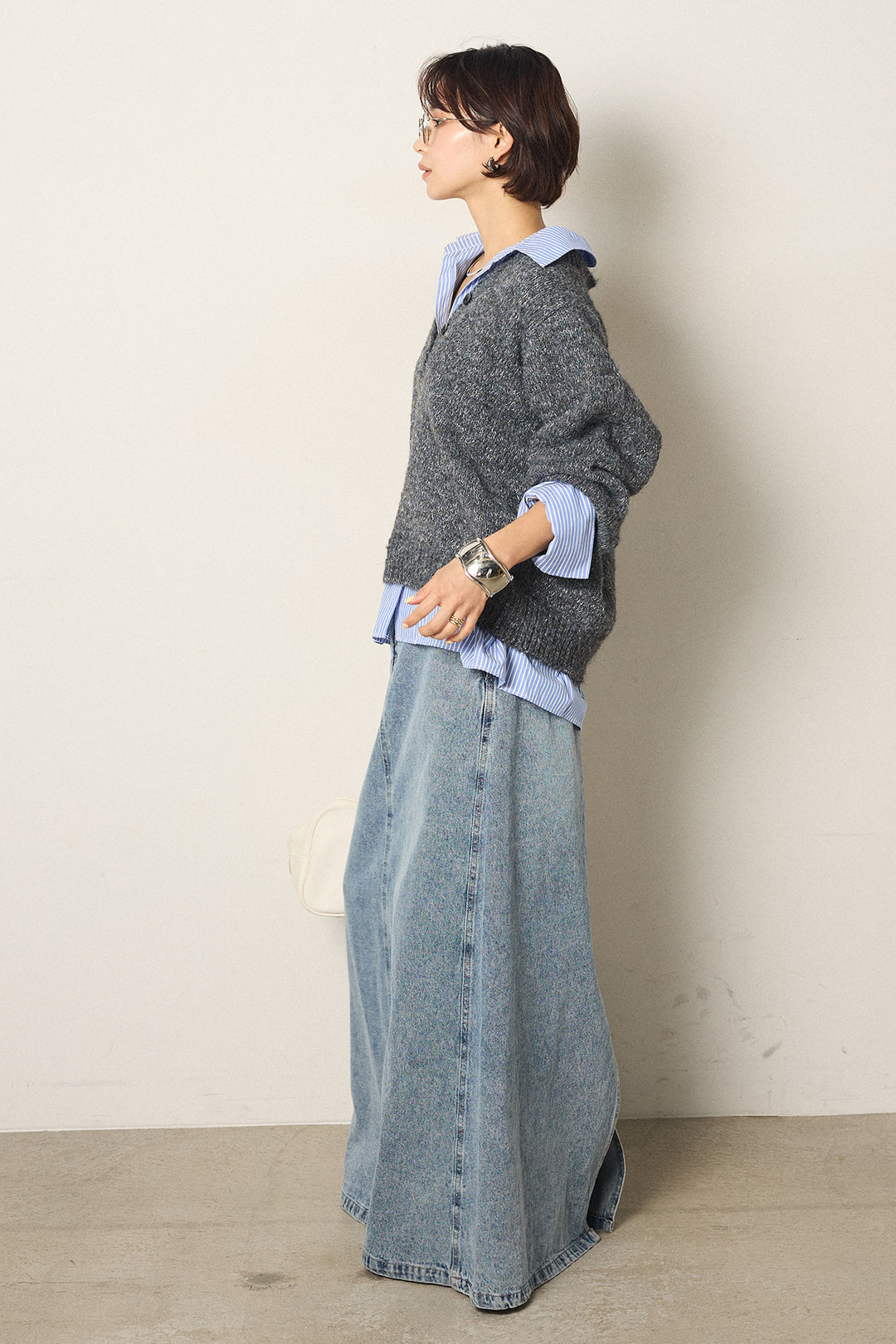 [SET]ストライプシャツドッキングニットポロトップス+デニムロングフレアスカート(2set)
