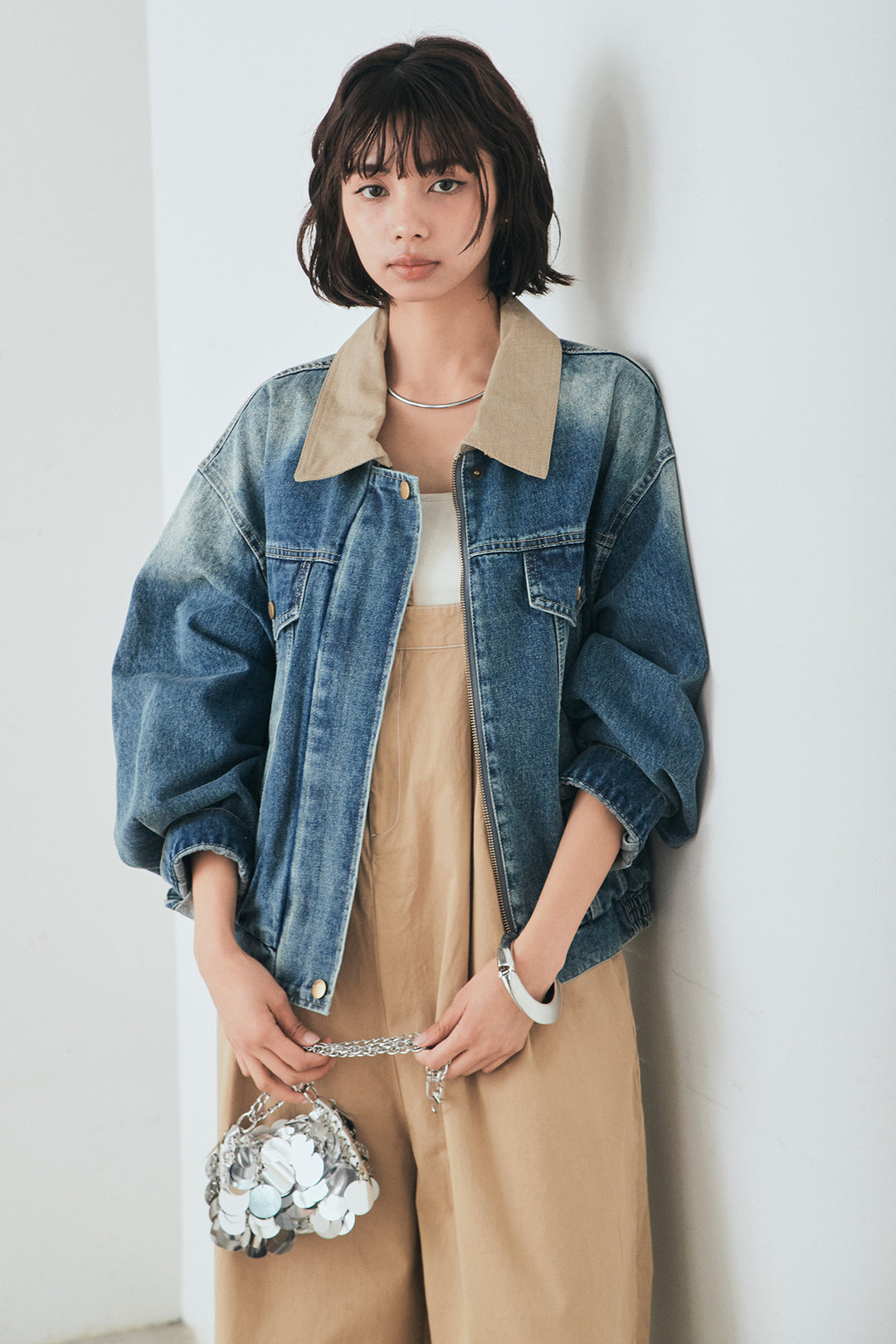 [SET]襟切り替えジップデニムジャケット+綿ツイルアシメサロペット(2set)