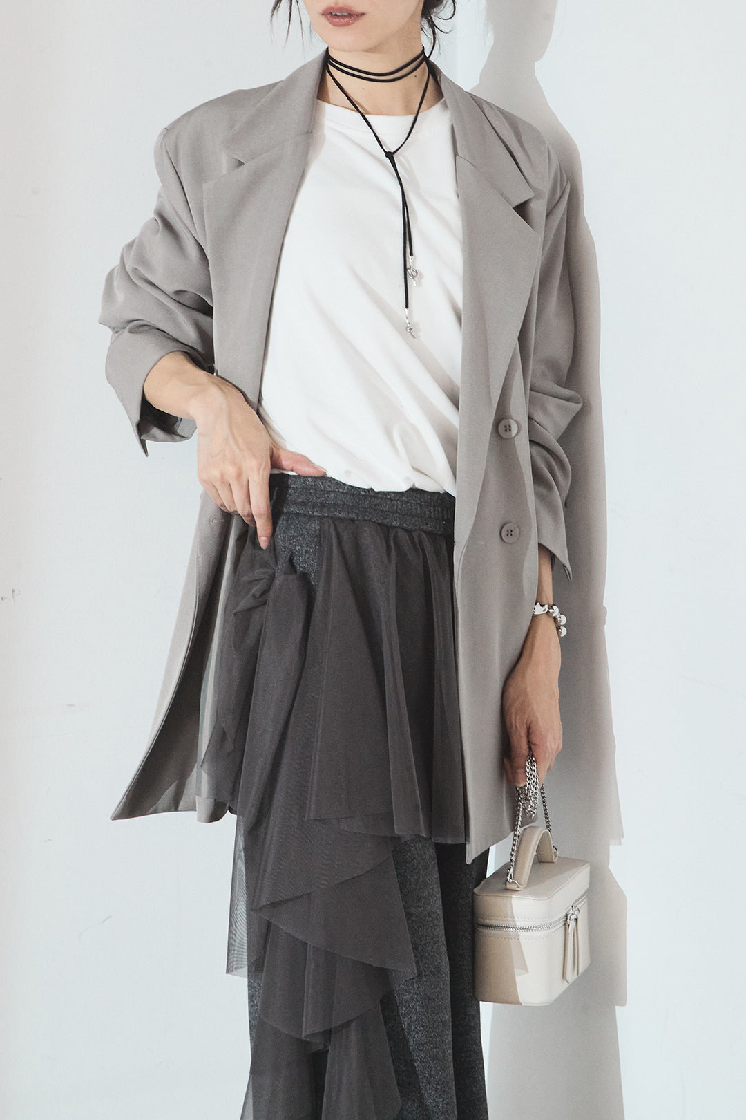 [SET]ルーズシルエットダブルテーラードジャケット+ストレッチロングTシャツ+チュールレイヤードニットパンツ(3set)