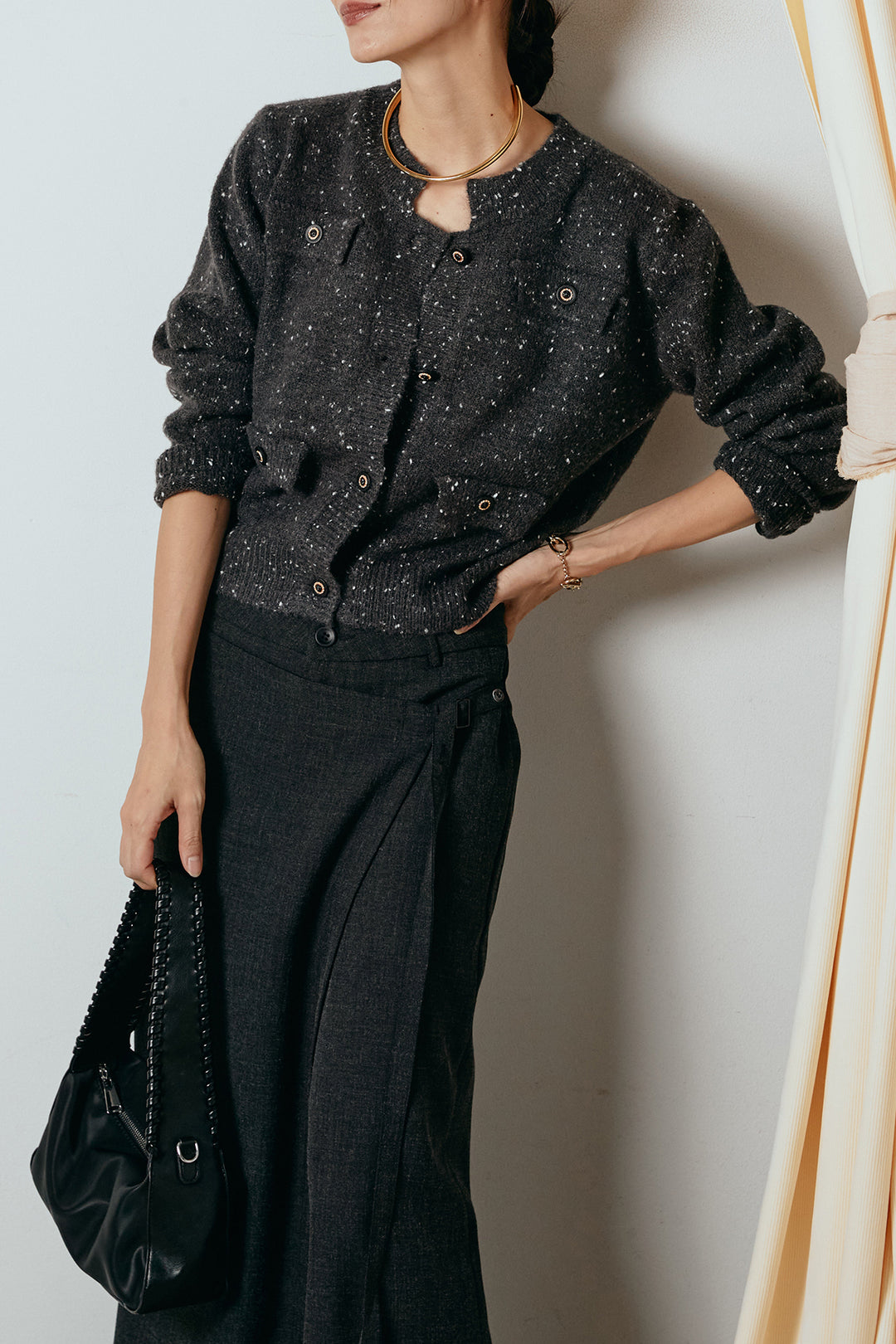 [SET]ネップニットカーディガン+ラップ巻きワイドスラックス(2set)