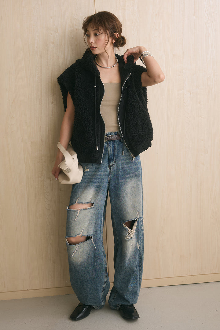 【着回しセット】[SET]フーディー付きジップボアベスト+フーディー付きジップボアベスト+ダメージバレルデニム(3set)