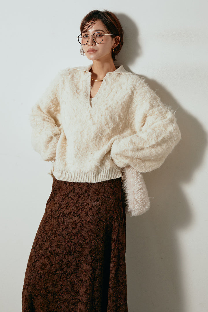 [SET]襟付きシャギーニットポロトップス+花柄刺繍ベロアフレアスカート(2set)