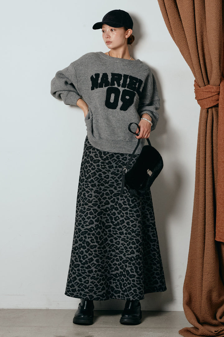 [SET]ロゴジャガードニットトップス+レオパードロングスカート(2set)