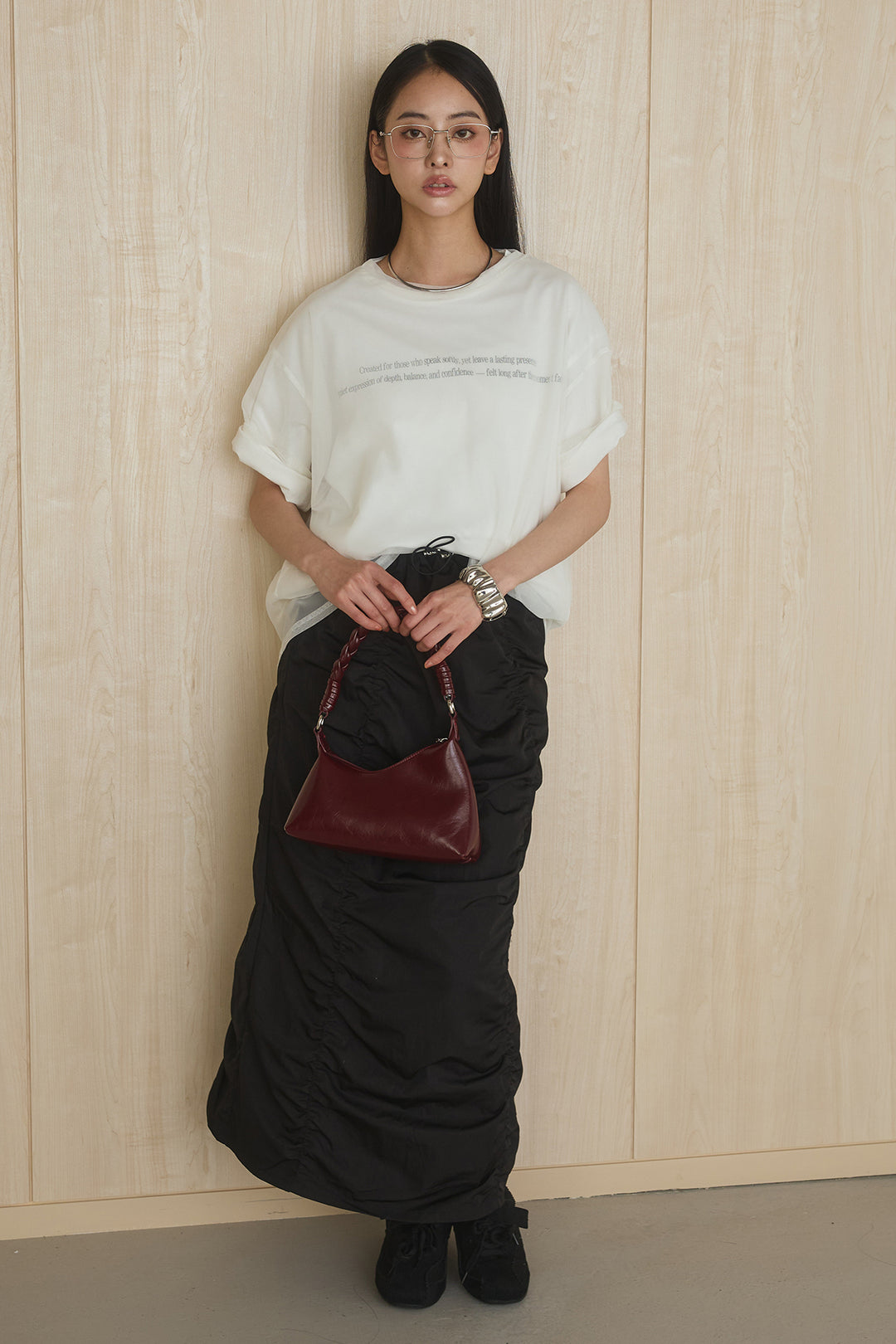 [SET]綿天竺Tシャツ×チュールトップス+ギャザーナロースカート(2set)