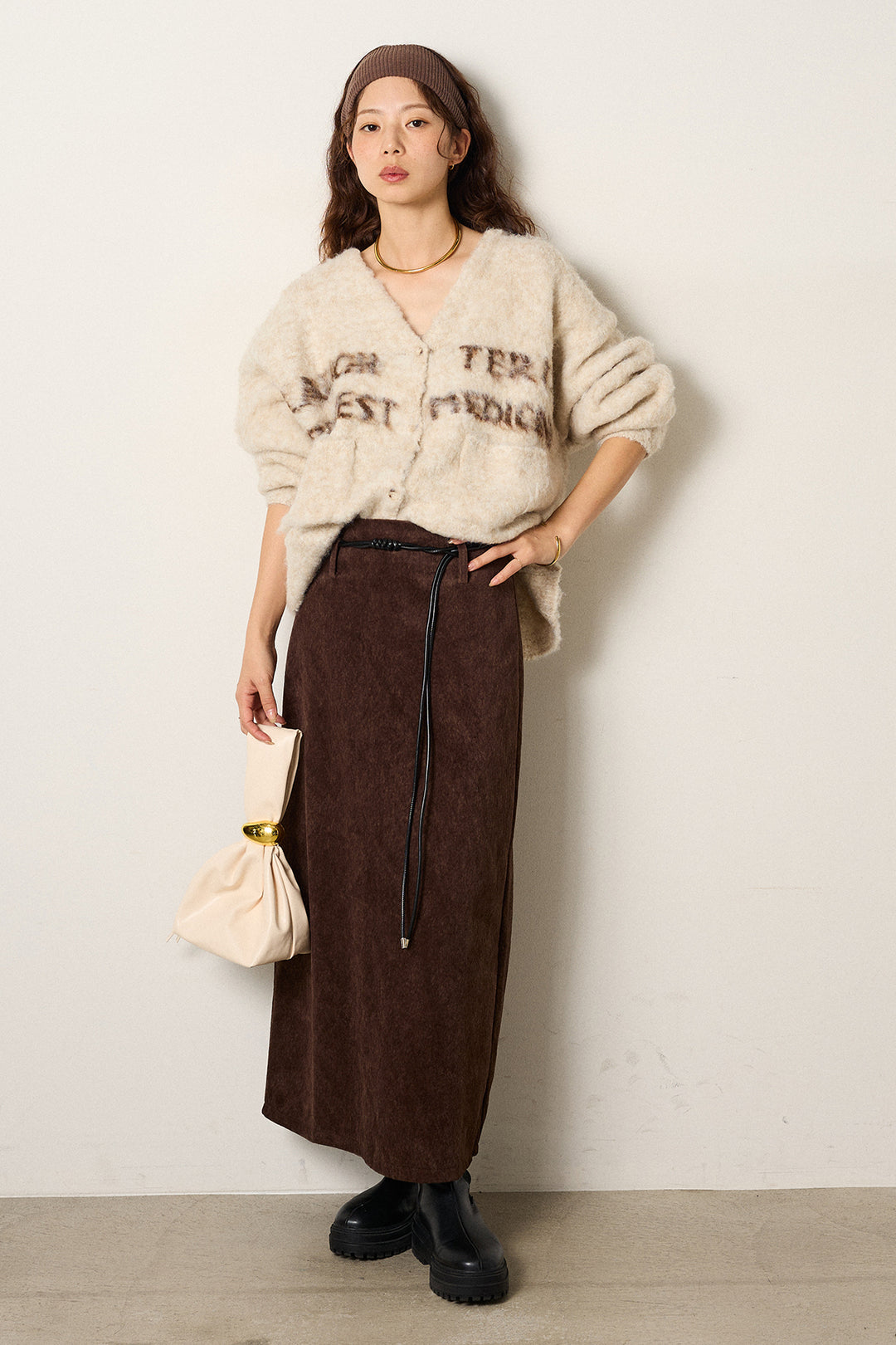 [SET]ウール混透かしロゴニットカーディガン+ロープベルト付きスウェード調スカート(2set)