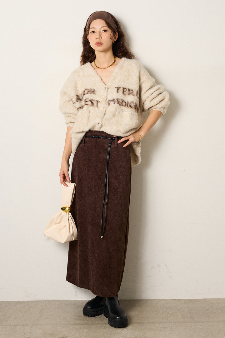 [SET]ウール混透かしロゴニットカーディガン+ロープベルト付きスウェード調スカート(2set)