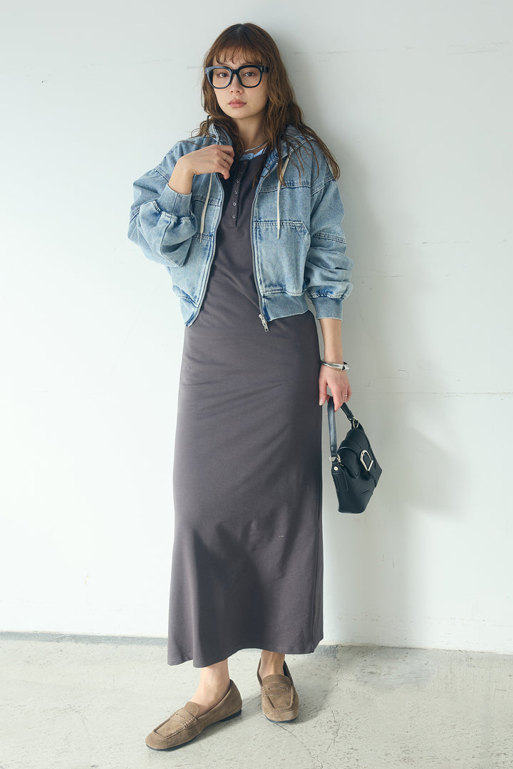 [SET]デニムダブルジップパーカーブルゾン+レイヤード見えヘンリーネックロングワンピース(2set)
