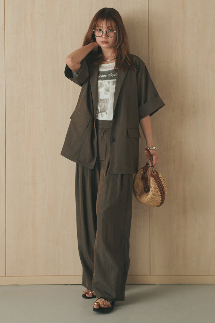 [SET]リネンライクテーラードハーフスリーブジャケット+リネンライク2タックワイドパンツ+半袖モノトーングラフィックトップス(3set)