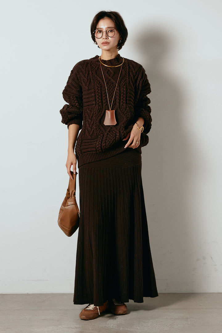 [SET]アラン柄ミックスケーブルニット+編み地切り替えフレアニットスカート(2set)