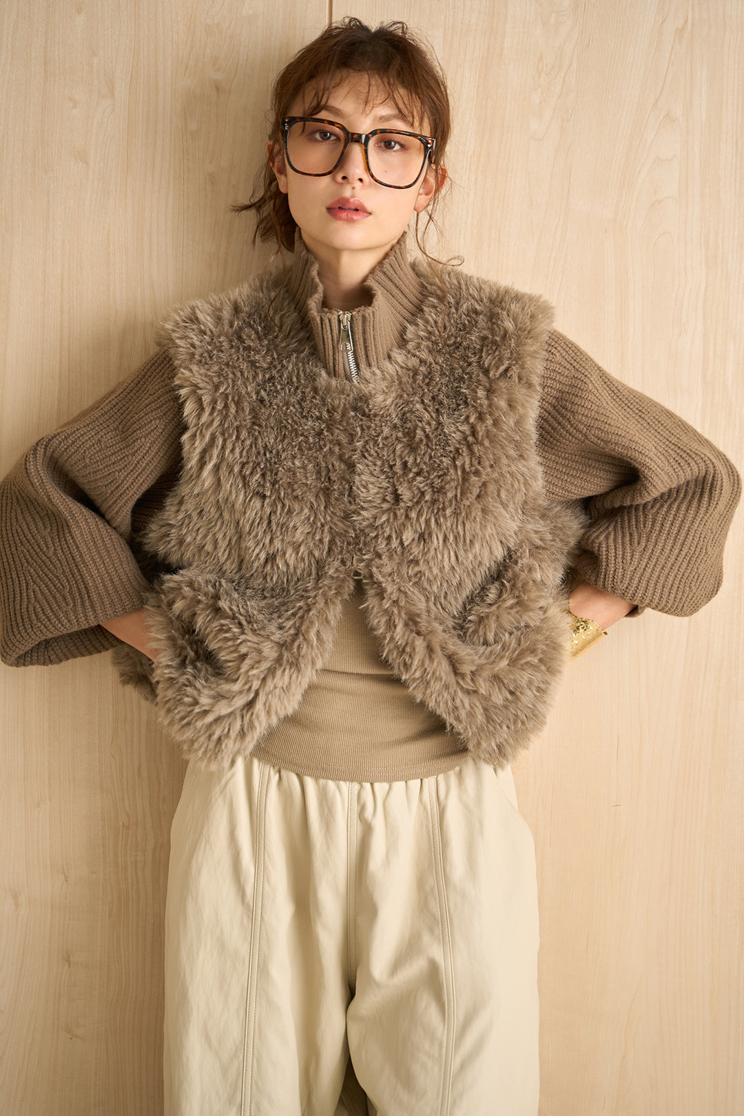 [SET]ファーコンビニットジップブルゾン+フェイクレザーカーブワイドパンツ(2set)