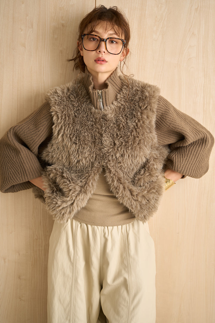 [SET]ファーコンビニットジップブルゾン+フェイクレザーカーブワイドパンツ(2set)
