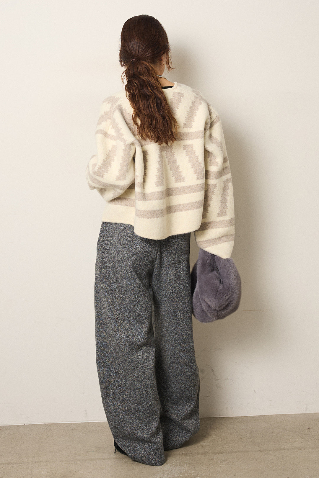 [SET]幾何学柄ノーカラーカーディガン+杢ニットフレアパンツ(2set)