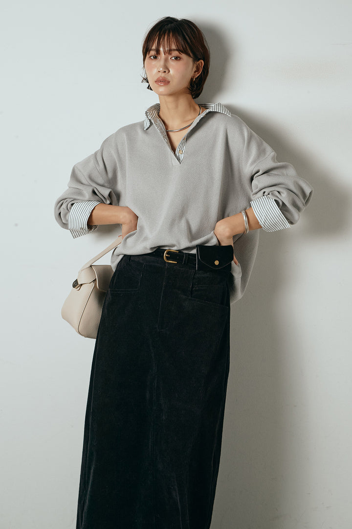 [SET]ストライプシャツドッキングポロトップス+ポーチベルト付きコーデュロイワイドスカート(2set)