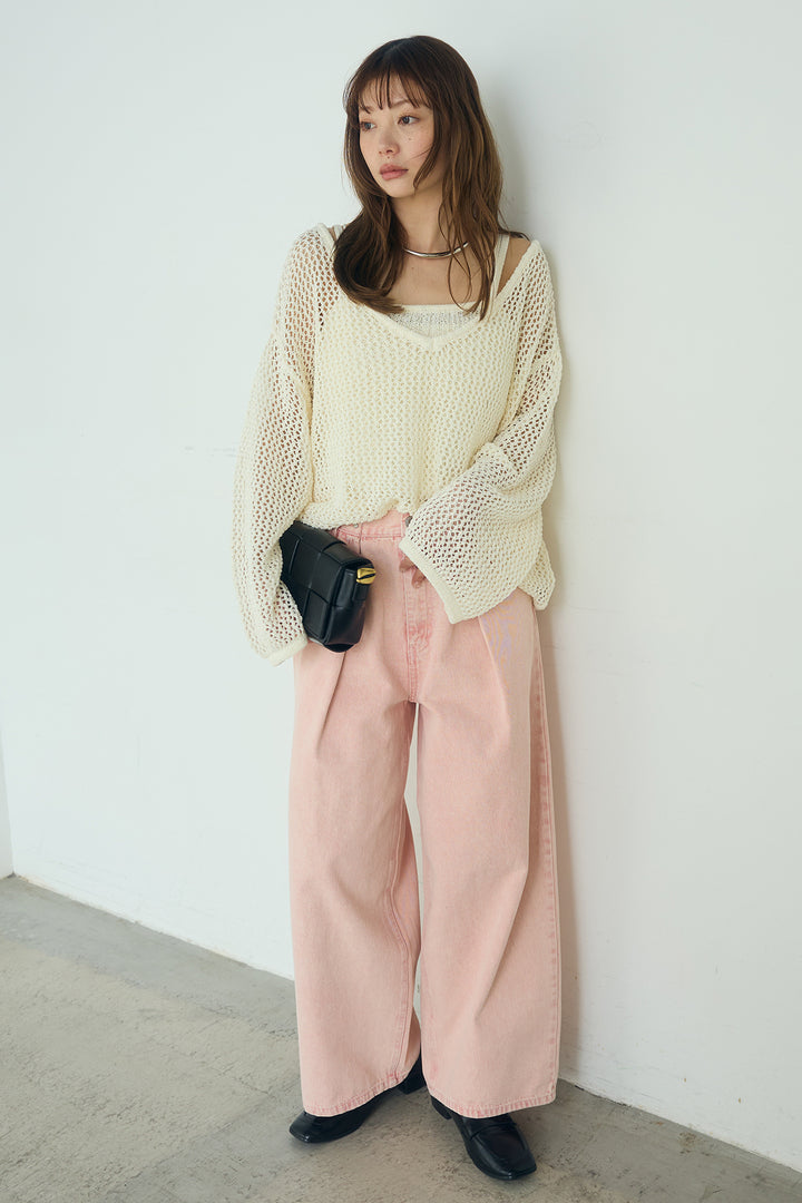 [SET]メッシュ編みビスチェセットVネックプルオーバー+カラーデニムタックカーブパンツ(2set)