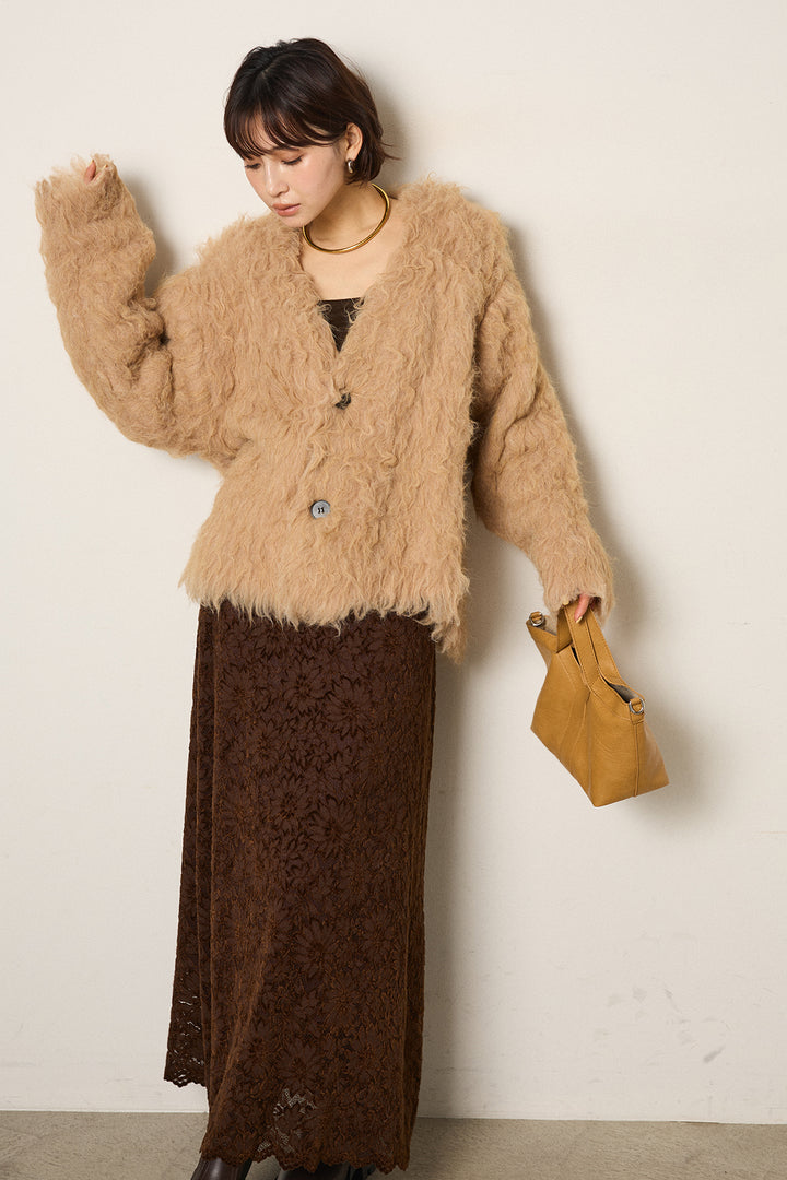 [SET]起毛シャギーニットカーディガン+花柄刺繍ベロアフレアスカート(2set)