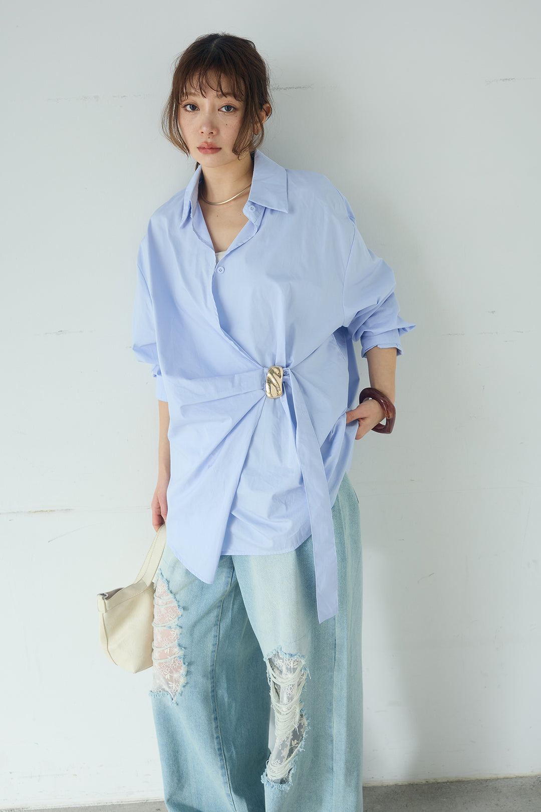 [SET]サイド留め具デザインシャツ+デニムレース付きワイドパンツ(2set)