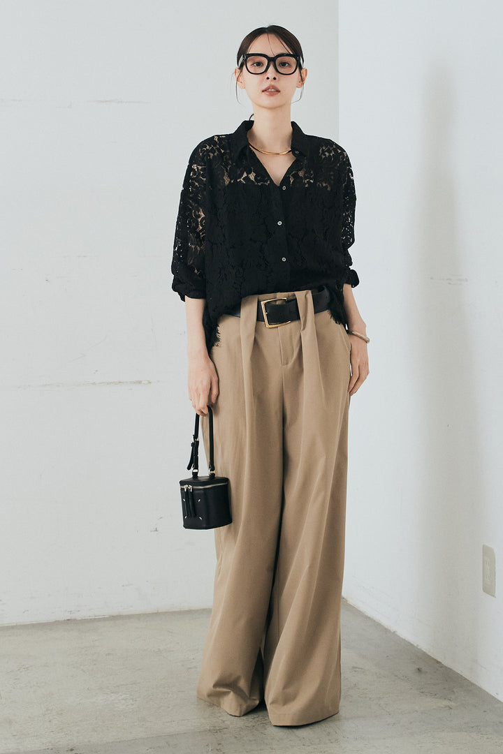 [SET]レース裾スカラップシャツ+ベルトループデザインハイウエストタックパンツ(2set)