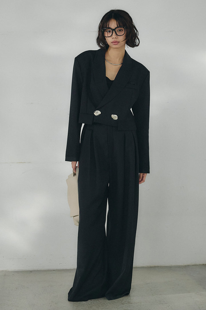 [SET]メタルプレートショート丈ジャケット+メタルプレートタックワイドパンツ(2set)