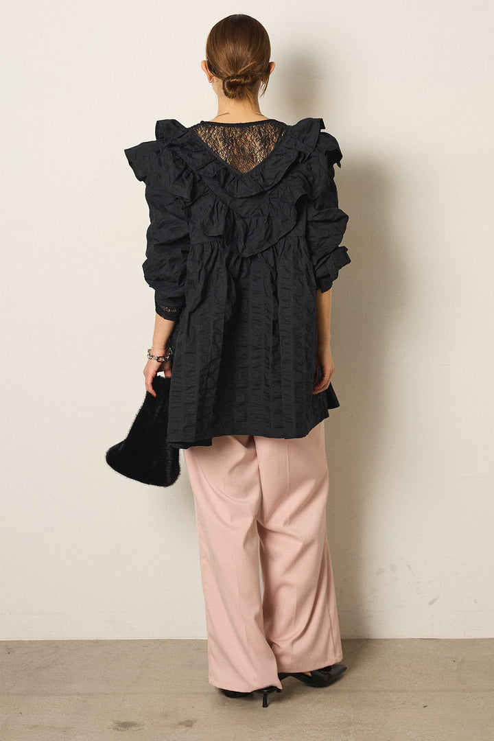 [SET]Vネックフリルカラーブラウス+ツイルスプリングカラータックパンツ+ストレッチレースクルーネックインナー(3set)