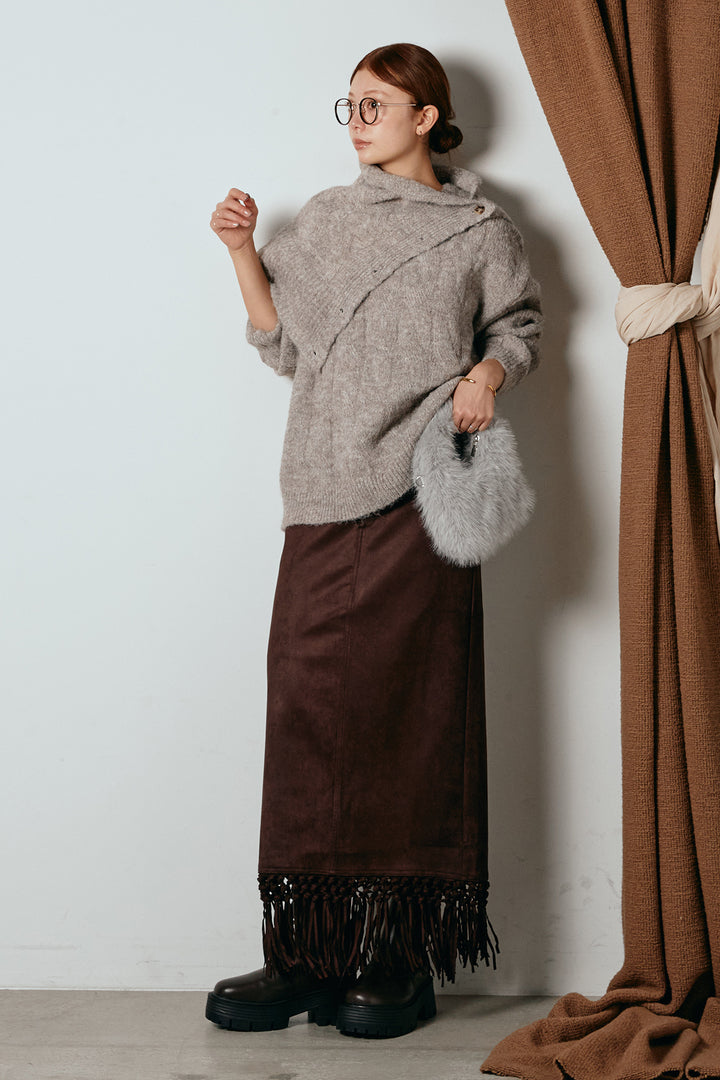 [SET]ケープデザインケーブルニットトップス+スウェードライク裾フリンジスカート(2set)