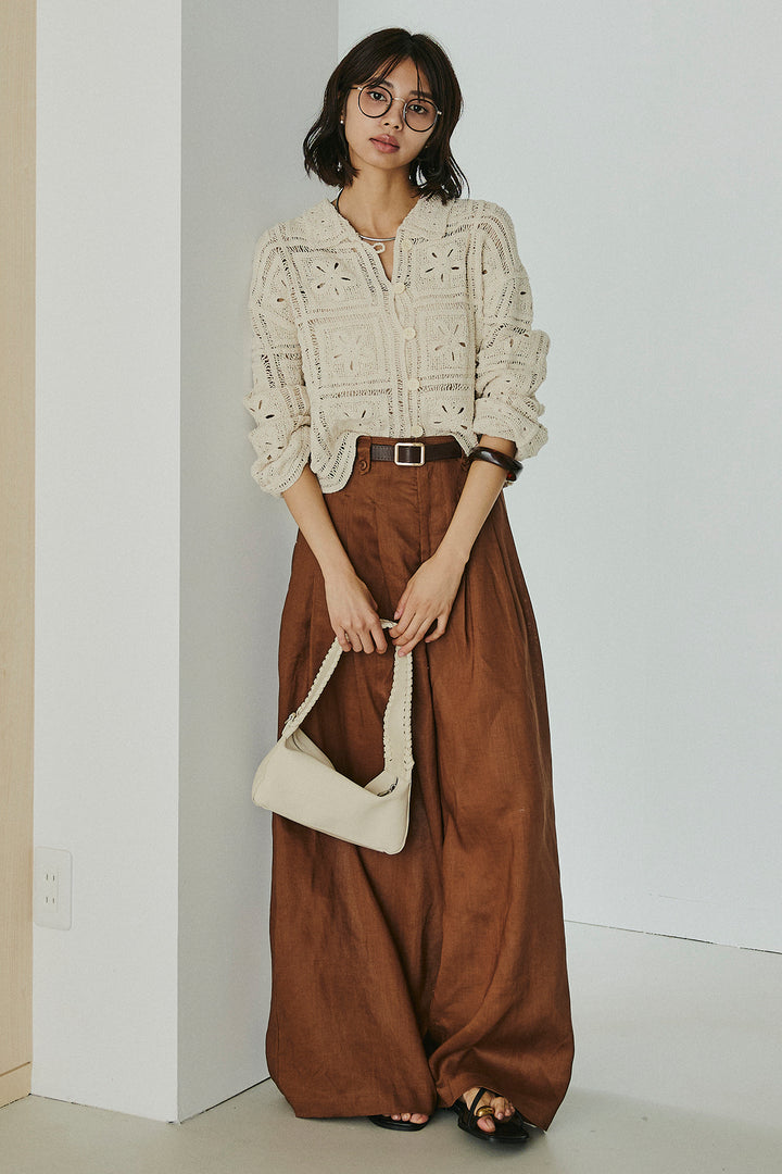 [SET]鍵編みフラワーレースカーディガン+タック入りワイドパンツ(2set)