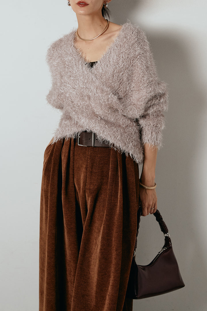 [SET]シャギークロスニットトップス+ベルトループコーデュロイワイドパンツ(2set)