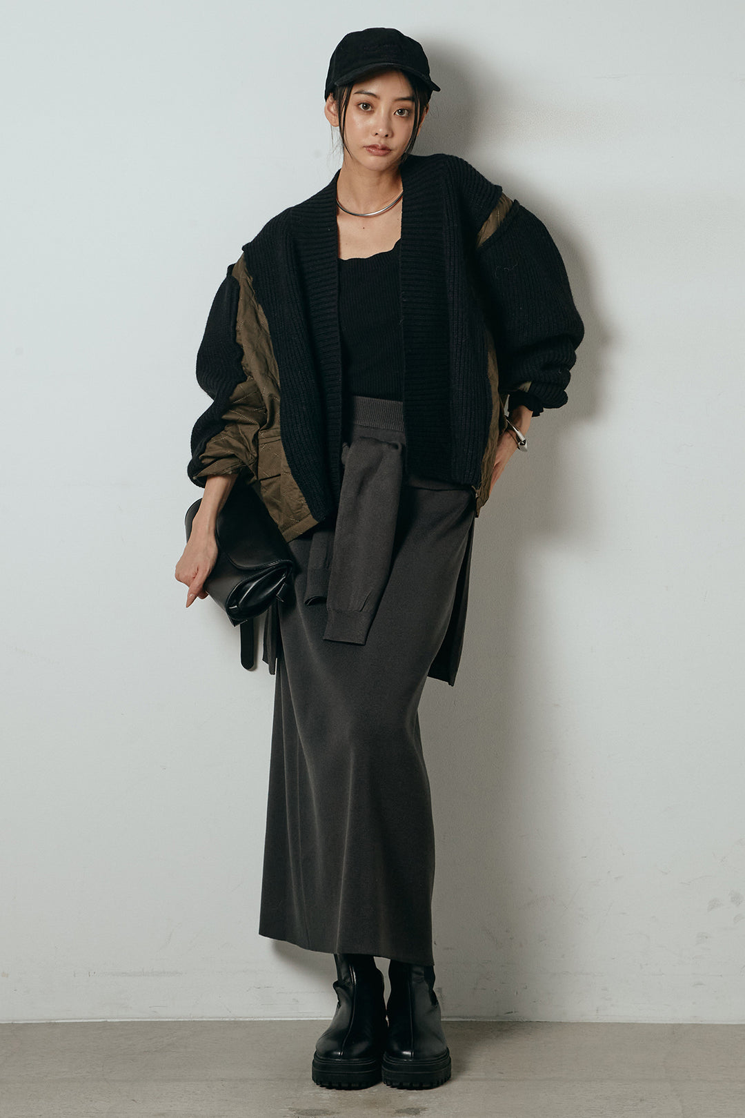 [SET]キルティング切り替えニットカーディガン+ウエストラップ巻きニットスカート(2set)