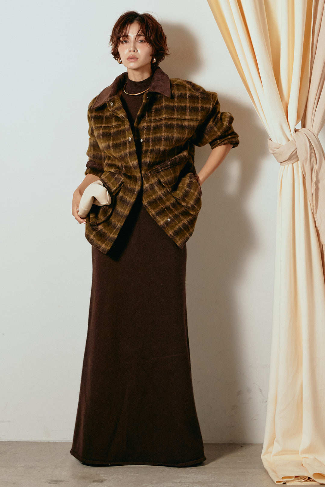 [SET]チェックシャギーミドルカバーオール+ノースリーブニットロングワンピース(2set)