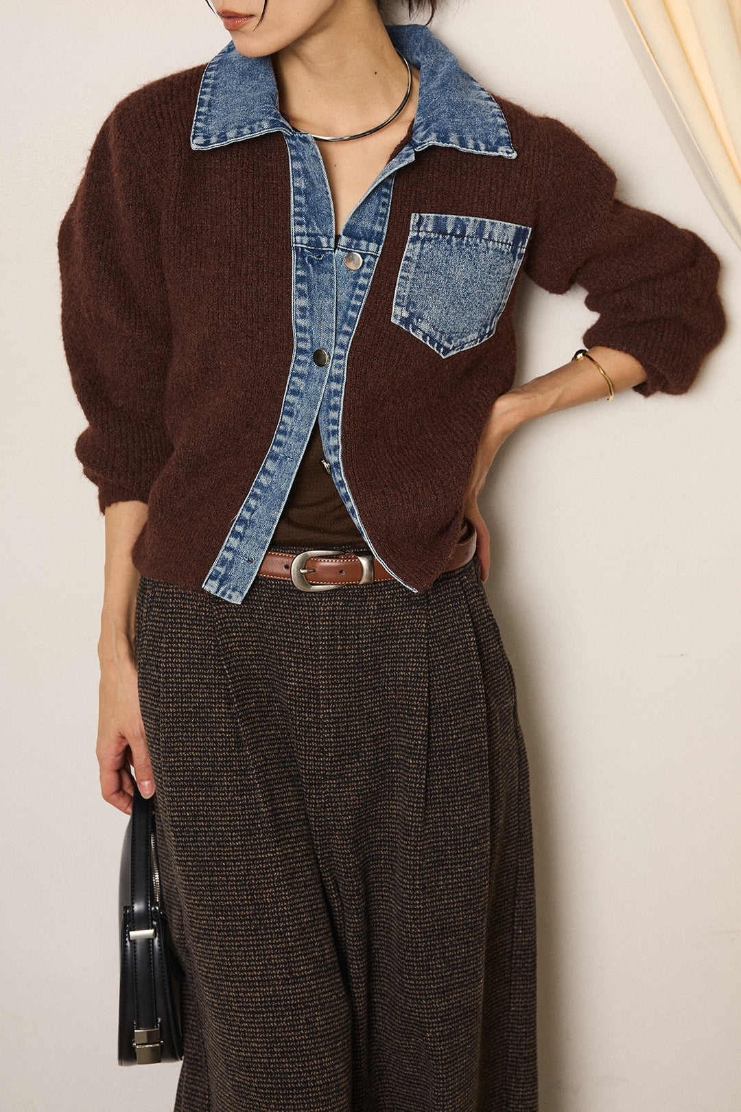 [SET]襟付きデニム切替ニットカーディガン+起毛タック入りツイードワイドパンツ(2set)