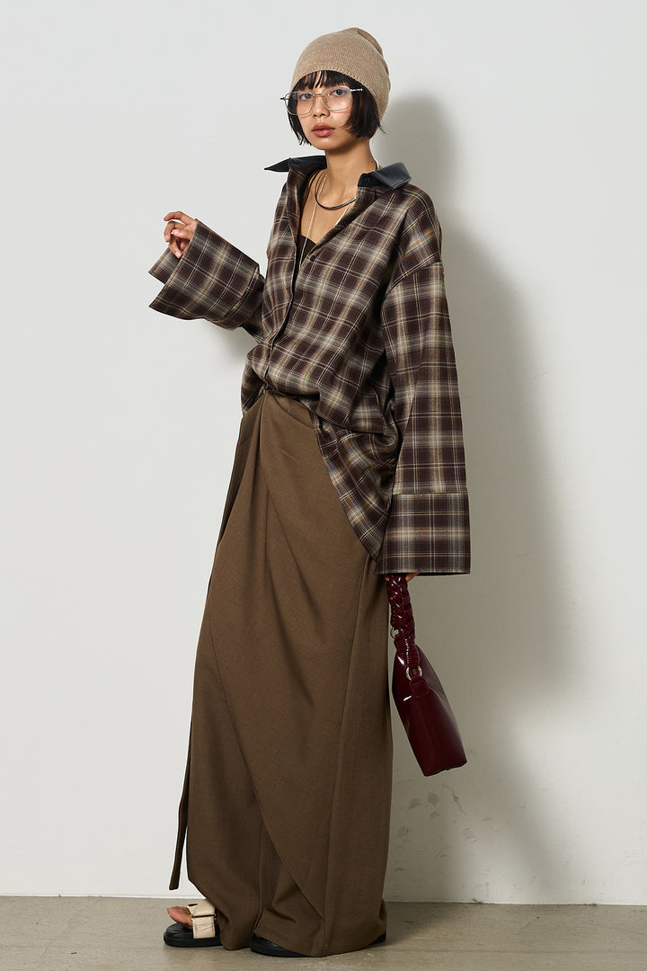 [SET]襟フェイクレザーネルチェックシャツ+ラップデザインワイドパンツ(2set)