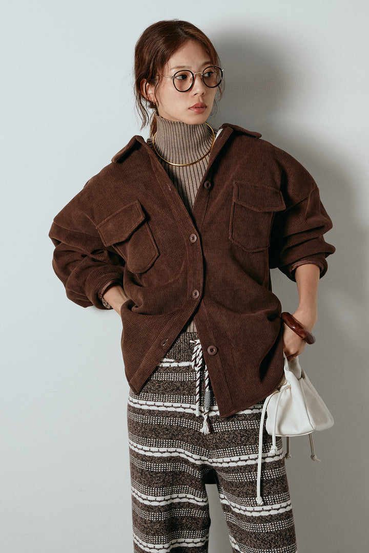 [SET]襟付きコーデュロイポケットシャツ+リブニットシームレスタートルプルオーバー+マルチライン柄リラックスニットパンツ(3set)