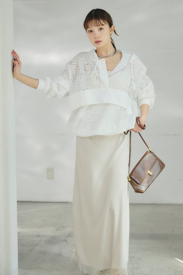 [SET]レースハーフジップアップフーディー+バイアスナローサテンスカート(2set)