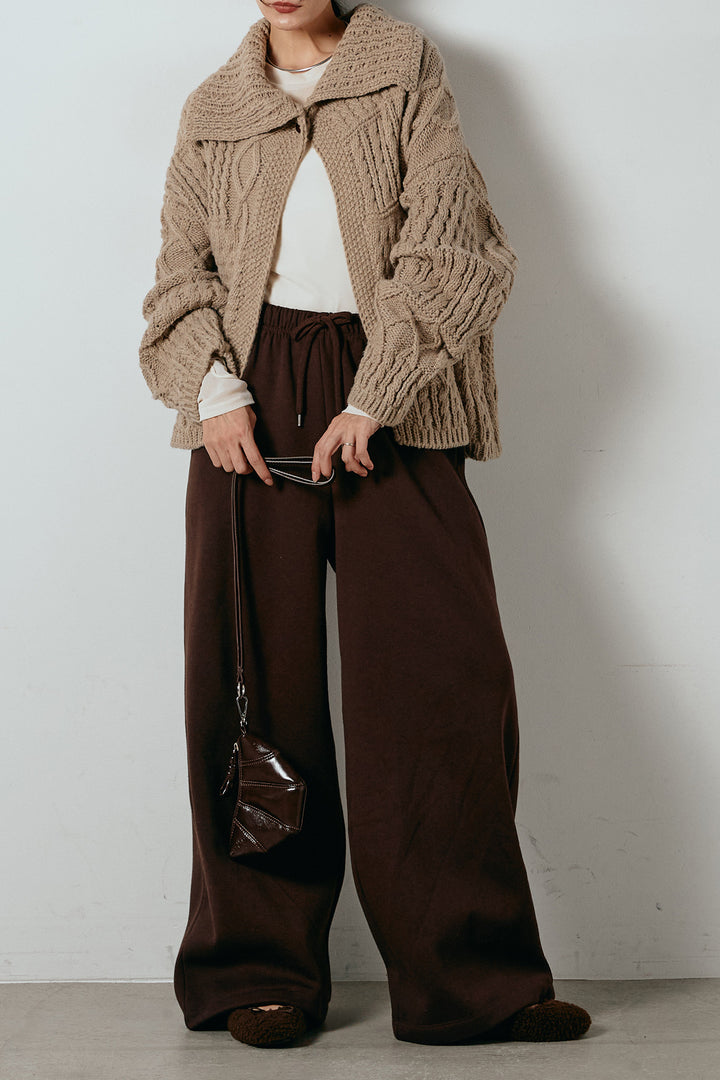 [SET]ビッグカラーケーブル編みニットトップス+2WAY袖コード刺繍クルーネックプルオーバー+裏起毛スウェットワイドパンツ(3set)