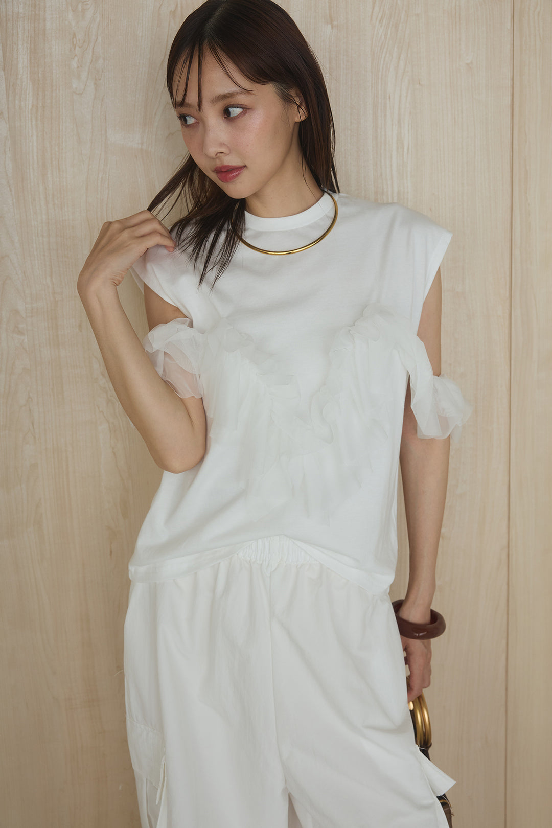 [SET]チュールフリルフレンチTシャツ+ルーズカーゴワイドパンツ(2set)