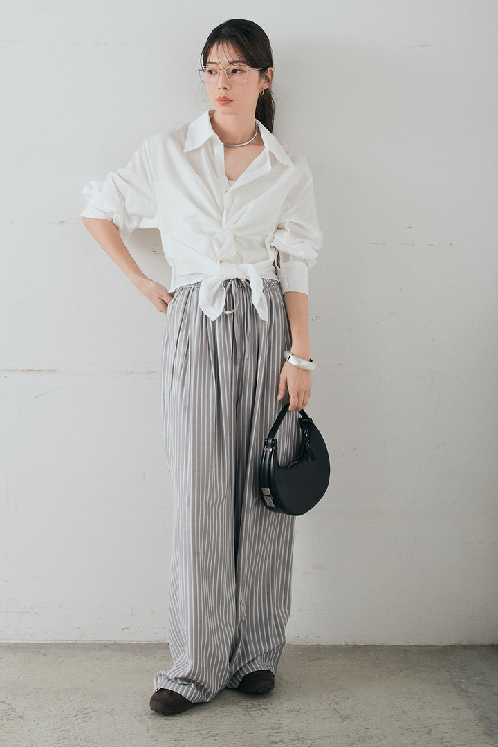 [SET]裾巻きツイストデザインシャツ+レーヨンストライプイージーワイドパンツ(2set)