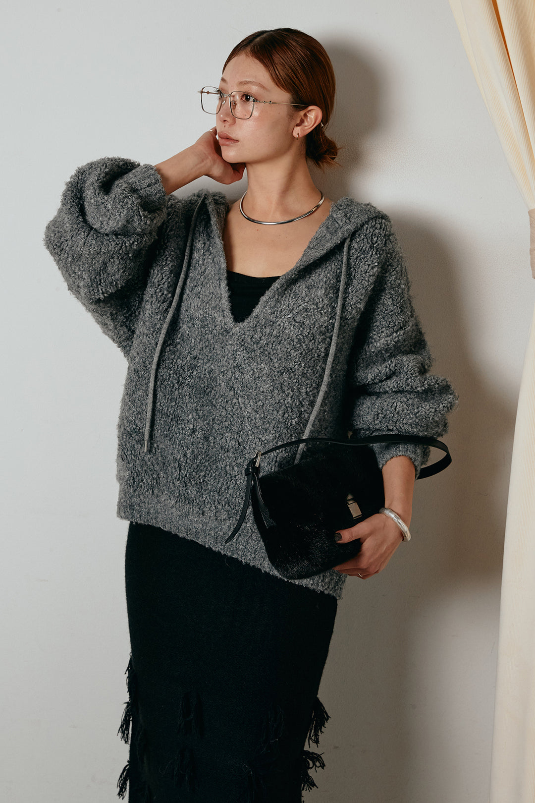 [SET]ブークレキーネックプルオーバー+ポイントフリンジニットナロースカート(2set)