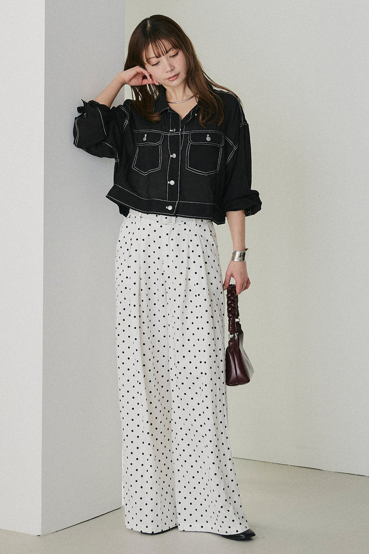 [SET]配色ステッチシアーシャツ+ベルト付きドット柄ワイドパンツ(2set)