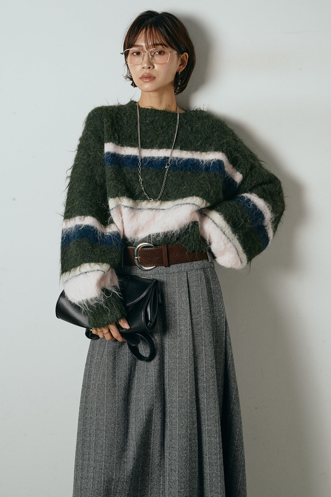 [SET]起毛配色マルチボーダーニットトップス+太ベルト付きヘリンボーンプリーツスカート(2set)