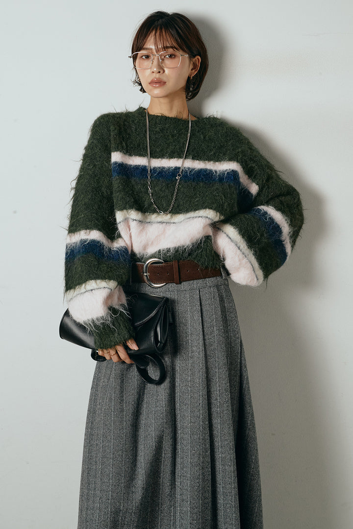 [SET]起毛配色マルチボーダーニットトップス+太ベルト付きヘリンボーンプリーツスカート(2set)