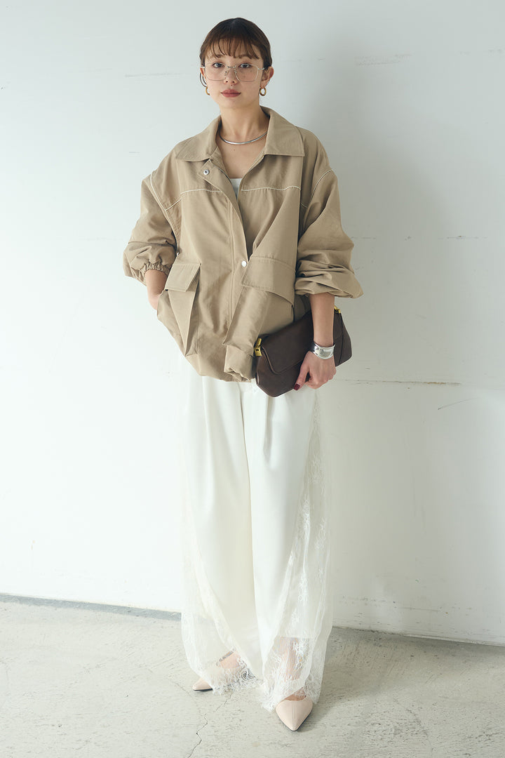 [SET]合繊ツイルバルーンジャケット+サテンレース切り替えタックパンツ(2set)