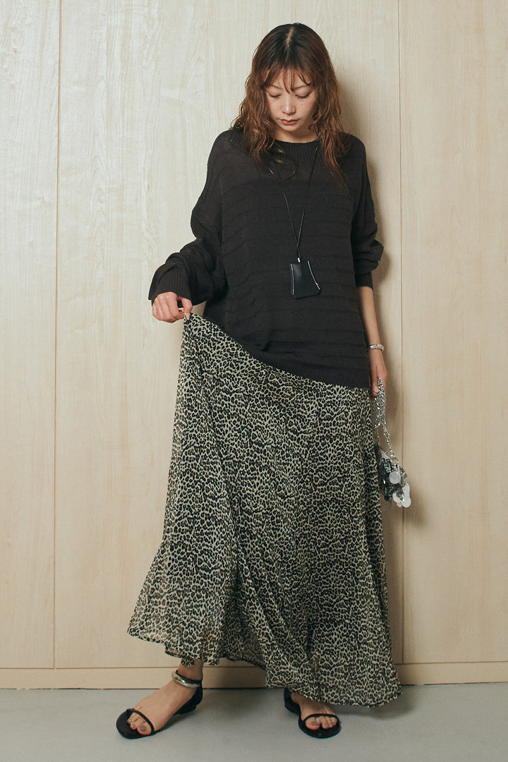 [SET]麻混リラックスニットトップス+リラックスレオパードロングスカート(2set)