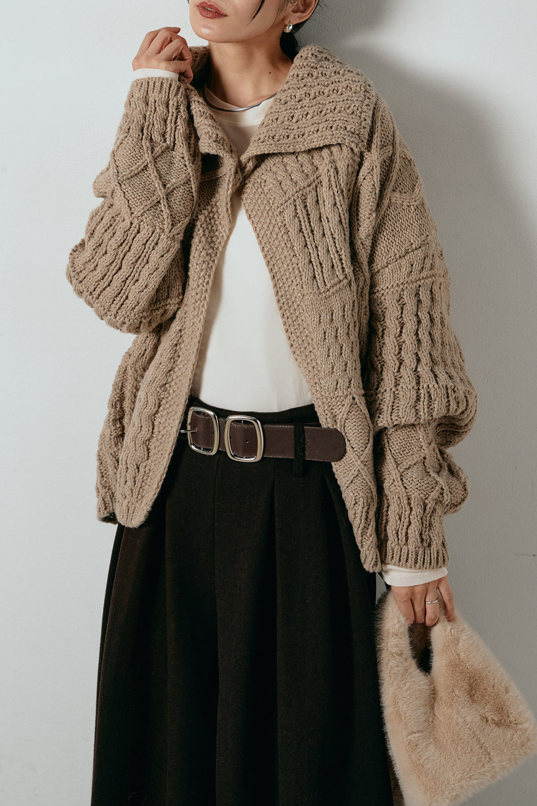 [SET]ビッグカラーケーブル編みニットトップス+2WAY袖コード刺繍クルーネックプルオーバー+フェイクレザー太ベルト付きタックワイドパンツ(3set)