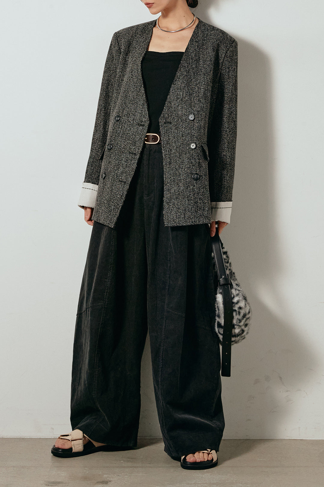 [SET]ノーカラーダブルボタンツイードジャケット+タック入りコーデュロイワイドパンツ(2set)