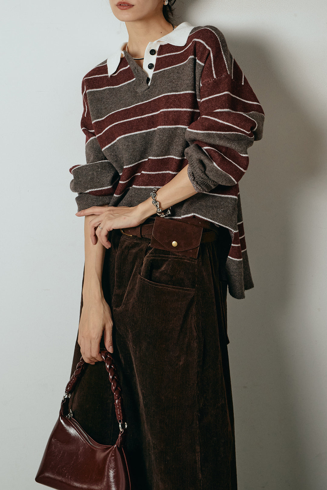[SET]ラガーニットボーダーポロプルオーバー+ポーチベルト付きコーデュロイワイドスカート(2set)