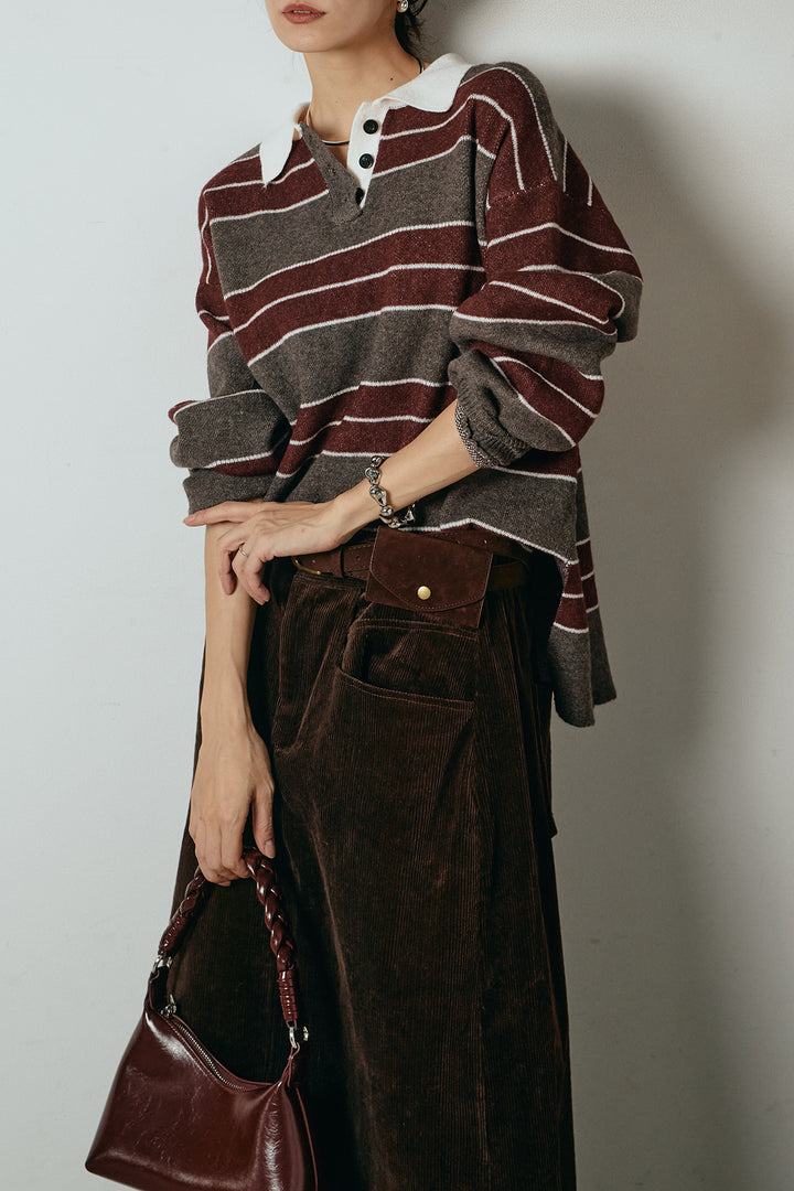 [SET]ラガーニットボーダーポロプルオーバー+ポーチベルト付きコーデュロイワイドスカート(2set)