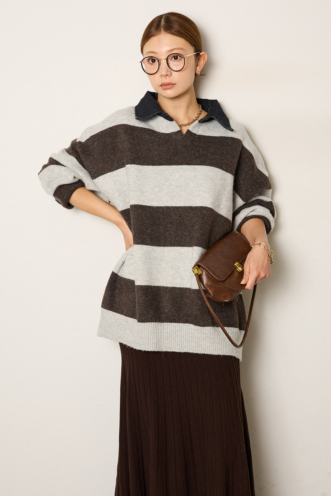 [SET]デニムカラーボーダールーズニット+編み地切り替えフレアニットスカート(2set)