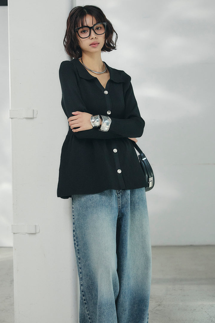 [SET]スキッパーペプラムニット+ウエスト裁ち切りデニムワイドパンツ(2set)