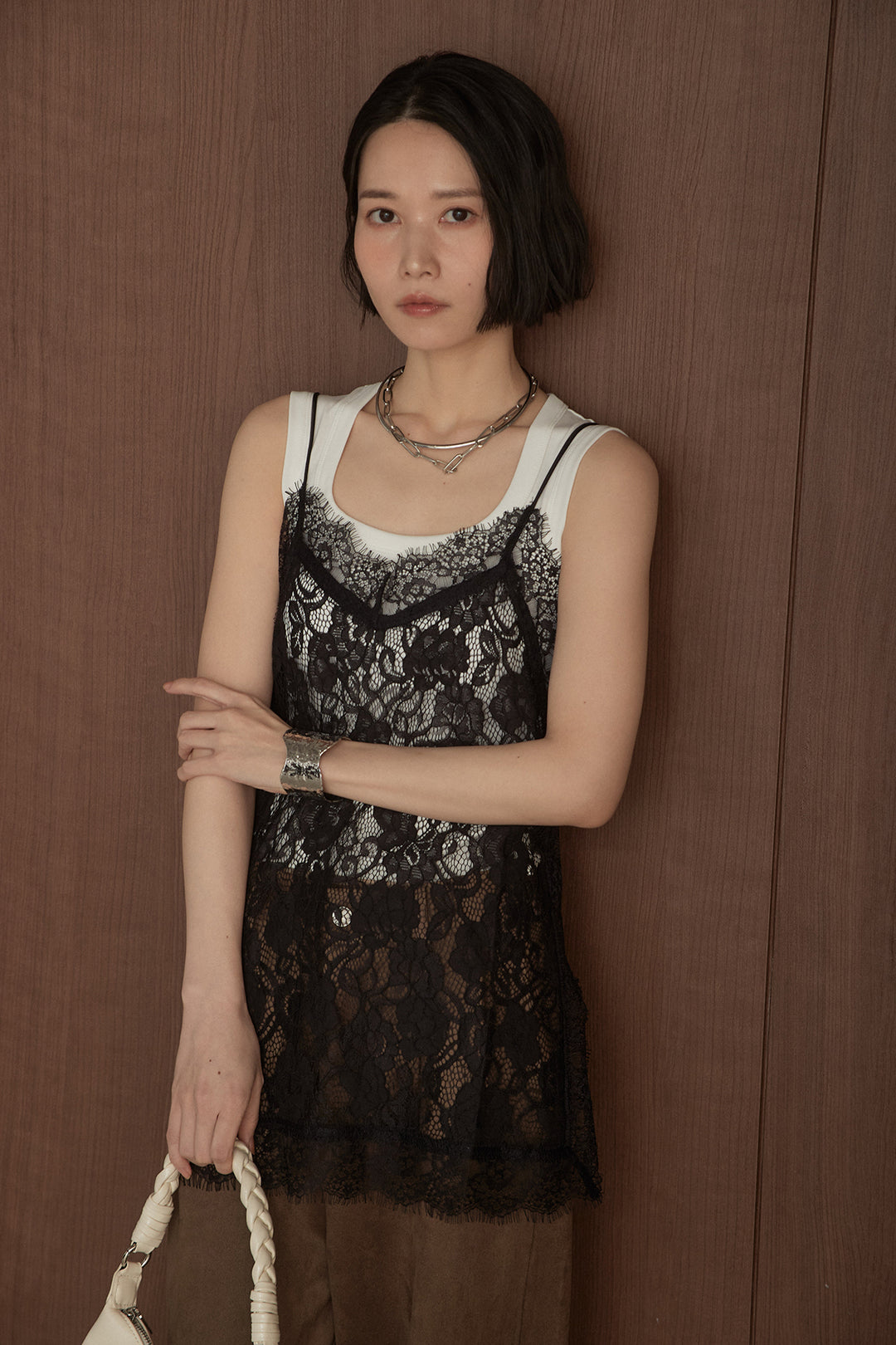 [SET]ラッセルレースキャミソール+パット付きワイドショルダータンク(2set)