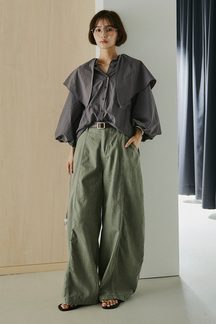[SET]ケープカラーナイロンブラウス+サイドベルトカーブワイドパンツ(2set)
