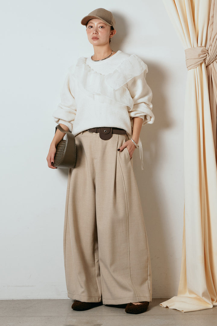 [SET]アシンメトリーフリルニットトップス+ポーチベルト付きカーブパンツ(2set)